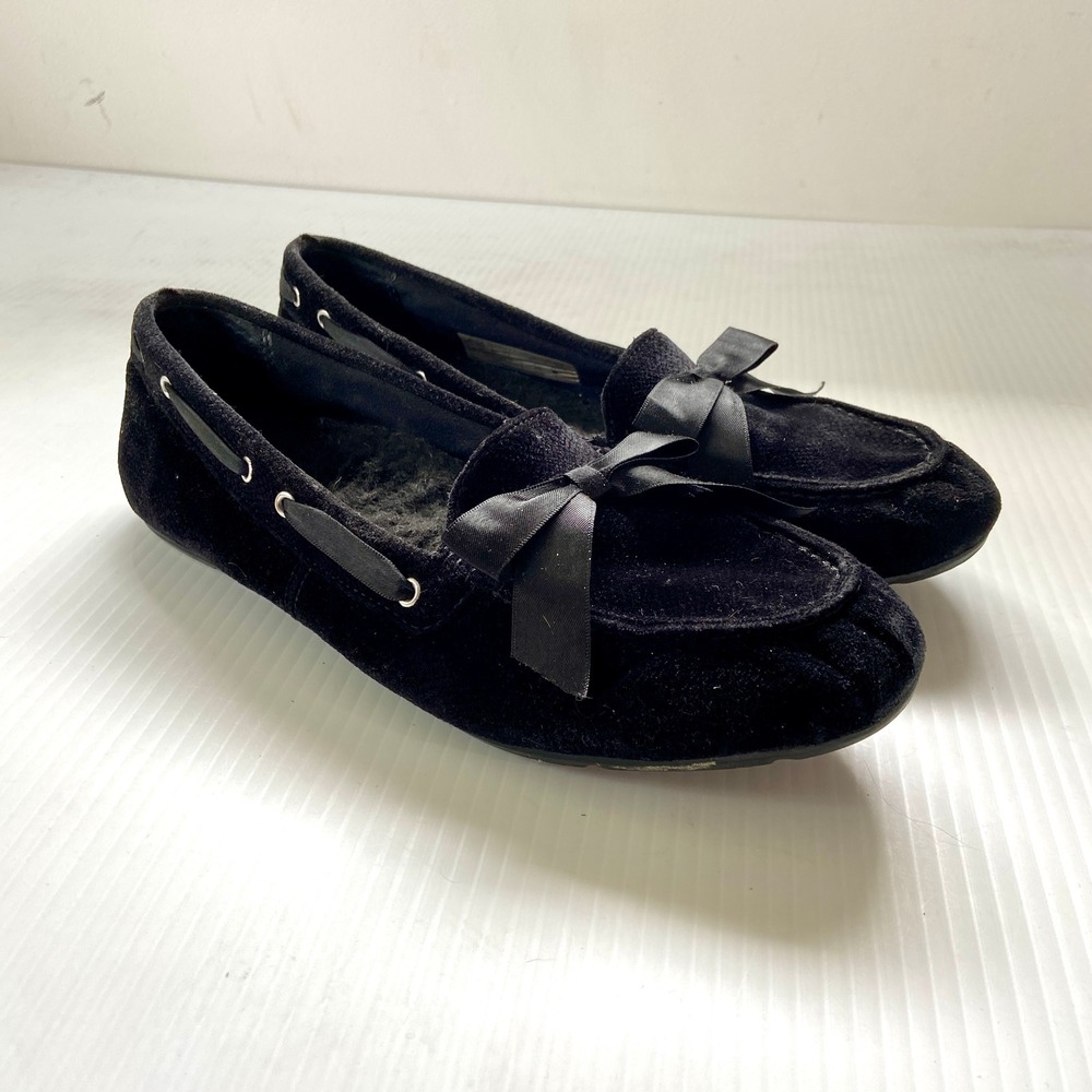 Vionic Alice‎ Holiday Black Velvet Slip On Moc Style Shoes Bow Detail Womens 9.5